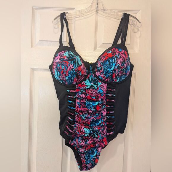 NWT Swimsuits For All Plus Sz 20 Ruched Underwire One Piece black flora Swimsuit - Picture 4 of 13